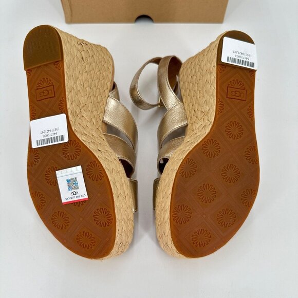UGG Women's Careena Wedge Espadrille Sandals size 8.5 Gold Pigment Ankle Strap - Picture 12 of 13